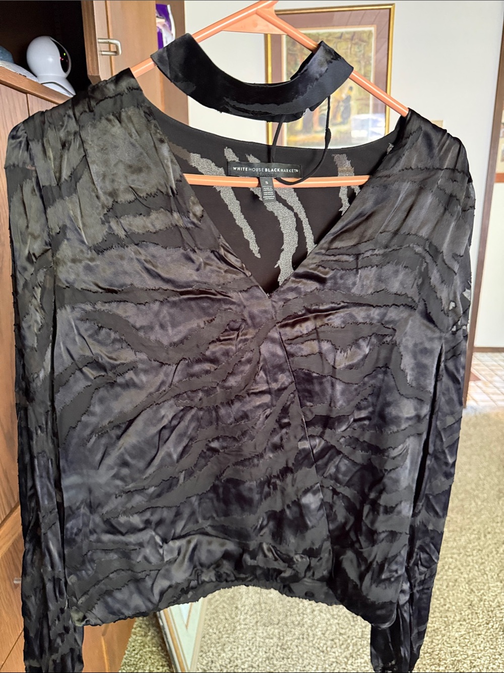 White House Black Market Black Velvet Burnout Satin Blouse Size S